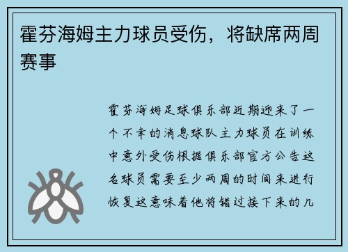 霍芬海姆主力球员受伤，将缺席两周赛事